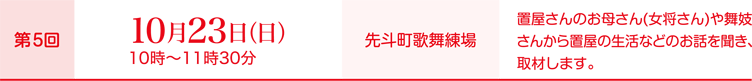 第5回10月23日（日）10時～11時30分、会場：先斗町歌舞練場、取材内容：置屋さんのお母さん(女将さん)や舞妓さんから置屋の生活などのお話を聞き、取材します。